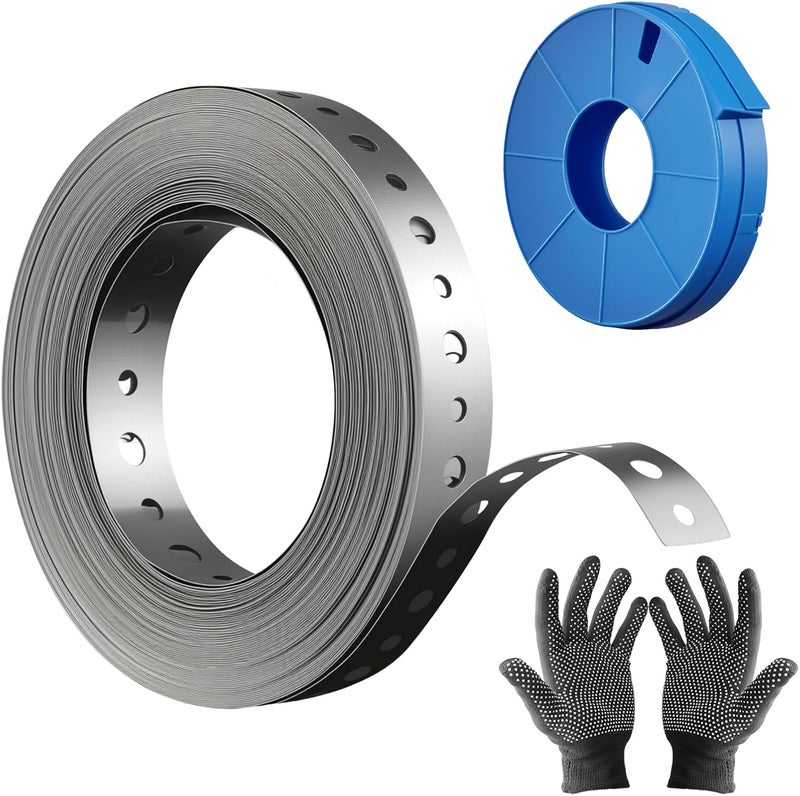Yucime Galvanized Metal Pipe Strap 3/4" x 66 FT, 32-Gauge - Metal Hanger Strapping with Holes for Pipe Support, Flexible Trimming | Includes Storage Case & Gloves (66 FT) - Image 1
